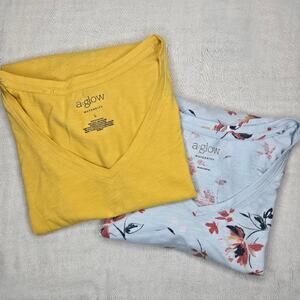 a:glow Maternity V-Neck Short Sleeve Tops Set of 2 (Yellow & Blue Floral) Size L